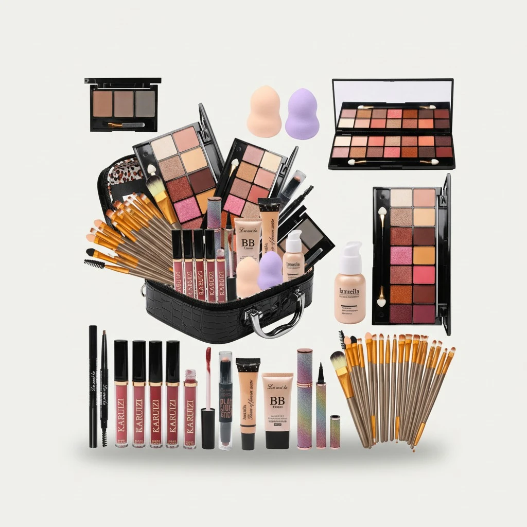 All in One Makeup Kit Full Kit Multipurpose Essential with Eyeshadow Palette,Lip Gloss,Foundation,Mascara,Eyebrow Pencil,Eyeliner,Contour Stick,Makeup Brushes,Cosmetic Bag Makeup Set for Women (DA112)