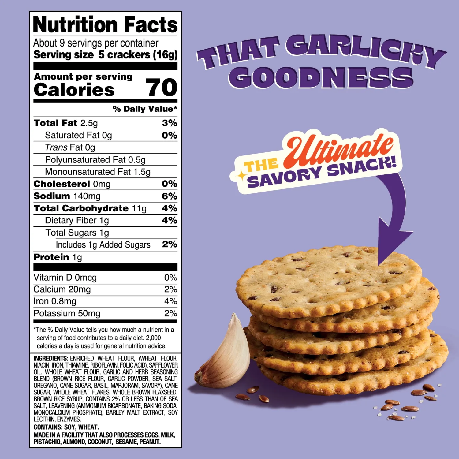 Back to Nature - Stoneground Wheat Crackers - Garlic & Herb - Real Ingredients like Whole Grain Wheat, Flax Seed and Sea Salt - Dairy Free & Non-GMO - 5 ounce