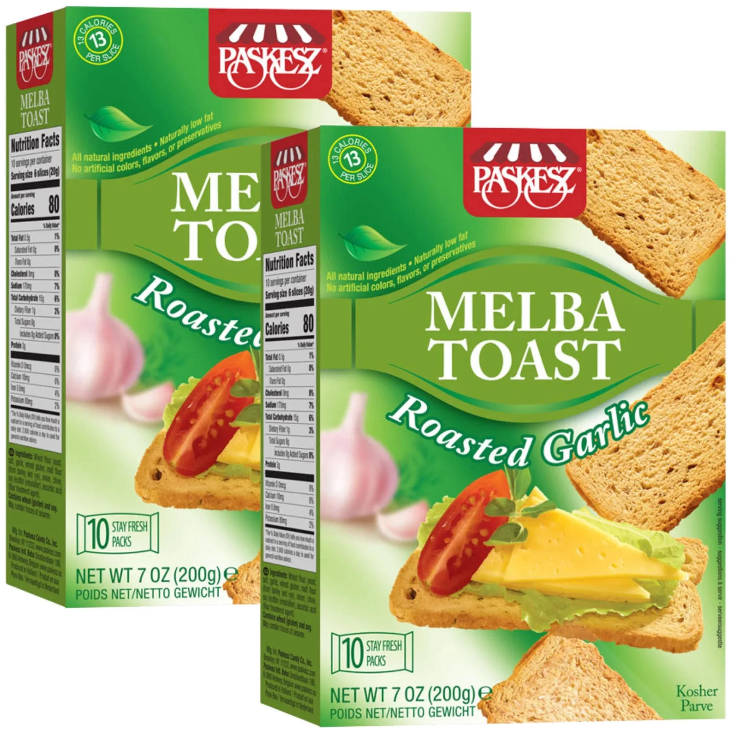Snacktery Roasted Garlic Melba Toast - All Natural Thin and Crispy Melba Toast Crackers - Classic Garlic Toast for Dips, Spreads, Salads - Tostadas Melba - 7 Oz, Pack of 2