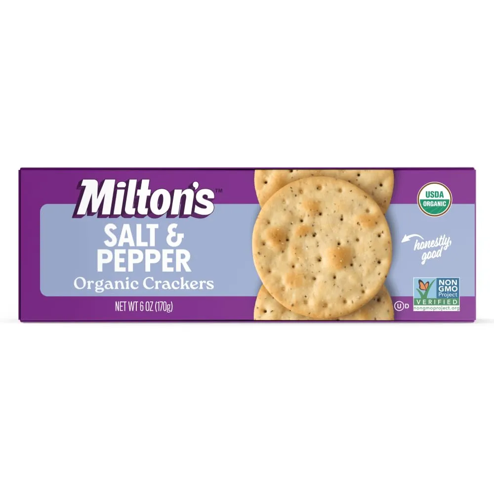 Milton's Organic Crackers, Salt & Pepper - Certified Organic, Non-GMO Project Verified, Kosher, Great for Charcuterie Boards - 6 Oz