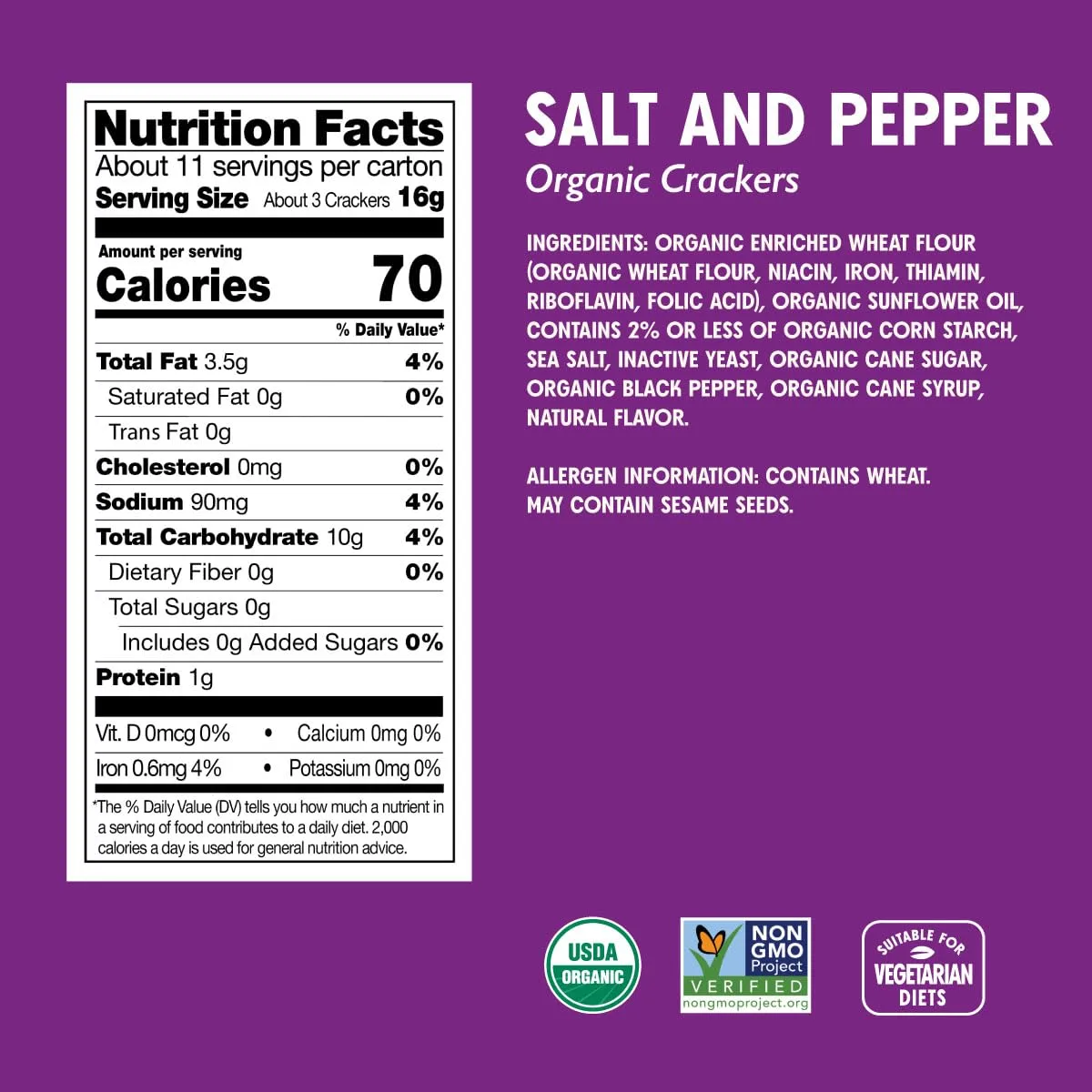 Milton's Organic Crackers, Salt & Pepper - Certified Organic, Non-GMO Project Verified, Kosher, Great for Charcuterie Boards - 6 Oz
