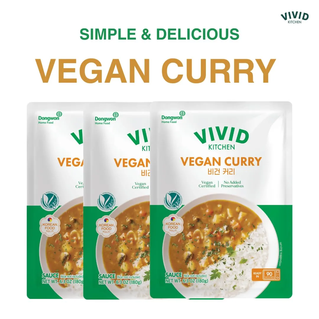 VIVID KITCHEN Vegan Sauce – 4 Bold, Plant-Based Sauces (Curry Sauce, Spicy Curry, Ragu, Jjajang) – No Animal Ingredients, Cholesterol-Free, Keto-Friendly, Ready-to-Eat in 90 Seconds! (3Packs) (Vegan Curry Sauce)