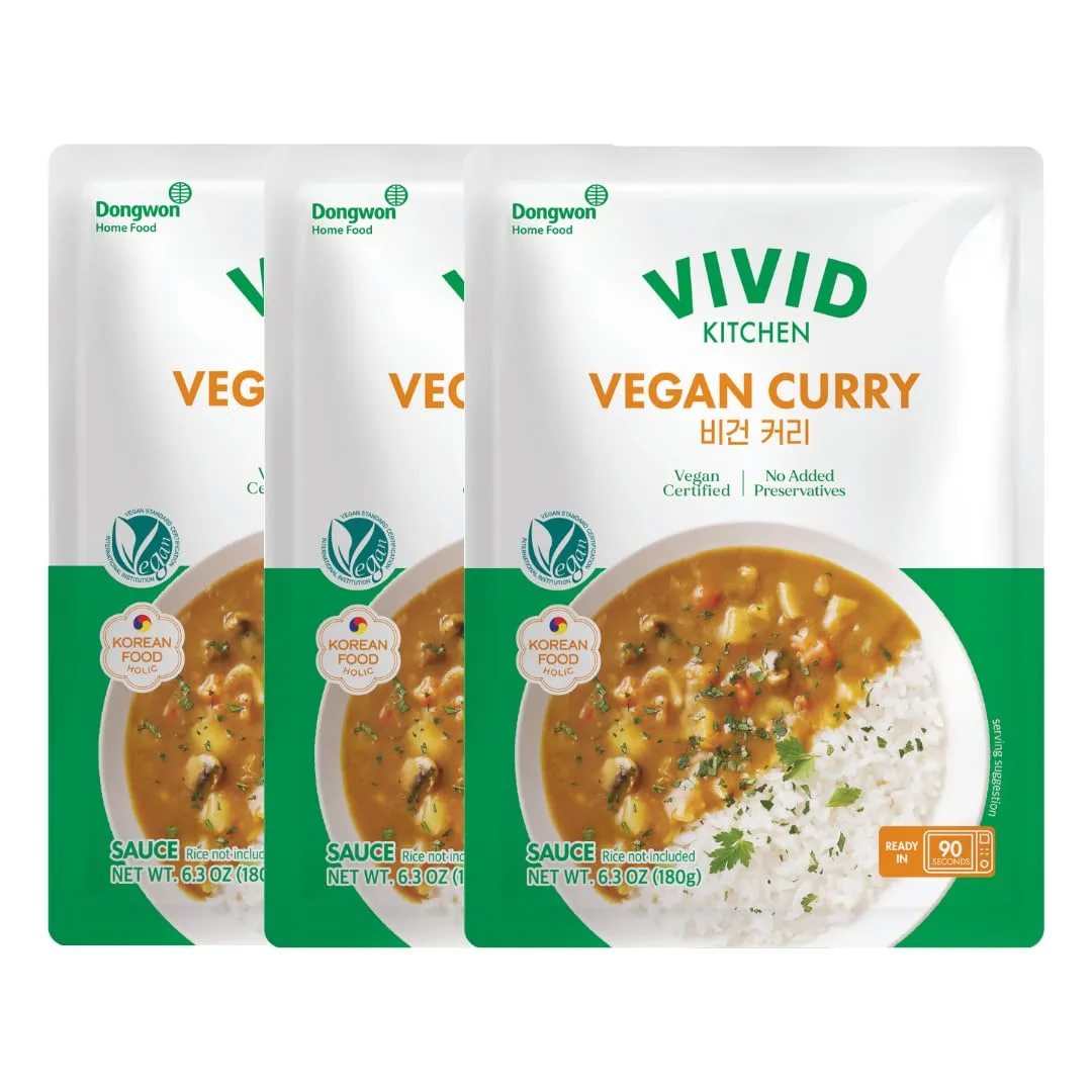 VIVID KITCHEN Vegan Sauce – 4 Bold, Plant-Based Sauces (Curry Sauce, Spicy Curry, Ragu, Jjajang) – No Animal Ingredients, Cholesterol-Free, Keto-Friendly, Ready-to-Eat in 90 Seconds! (3Packs) (Vegan Curry Sauce)