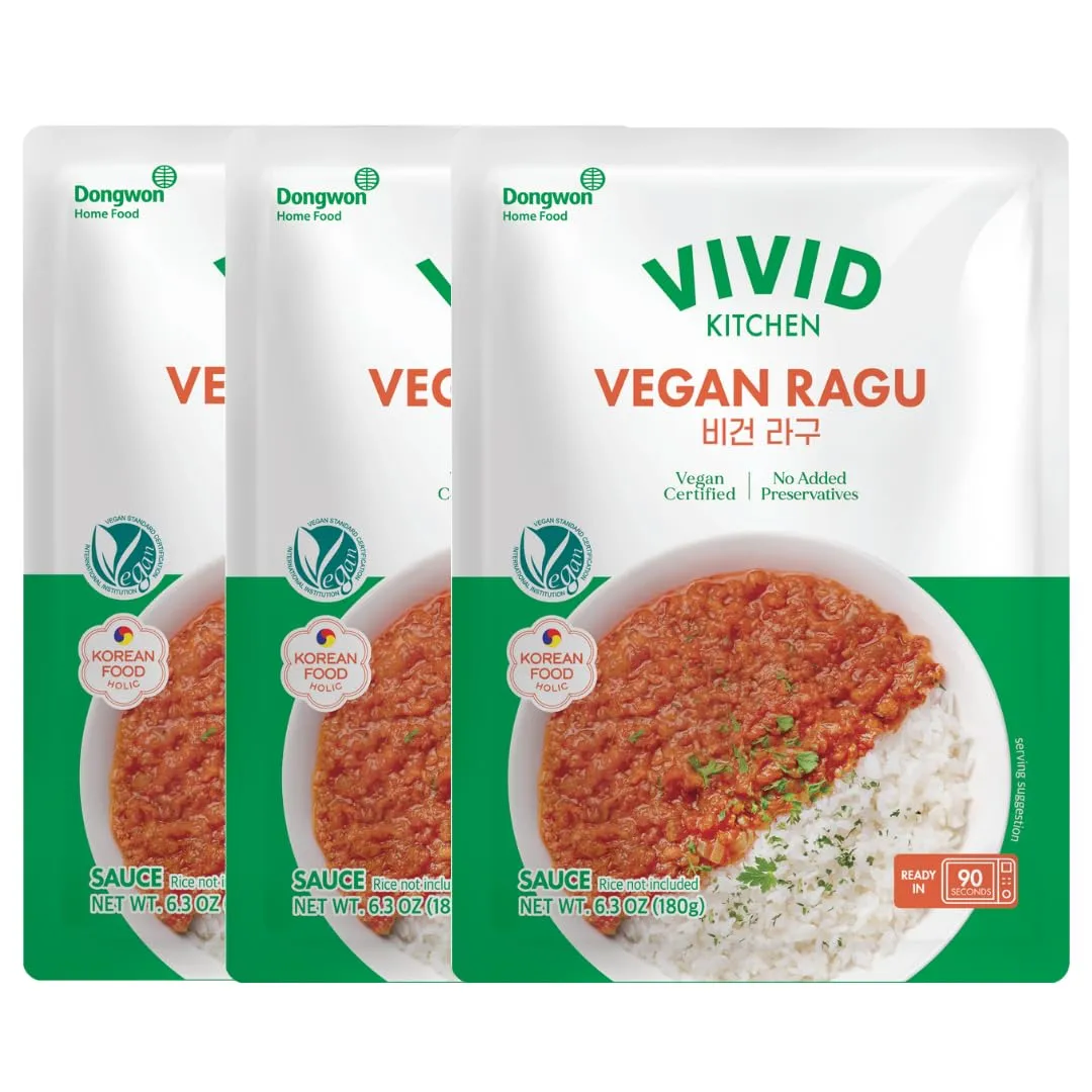 VIVID KITCHEN Vegan Sauce – 4 Bold, Plant-Based Sauces (Curry Sauce, Spicy Curry, Ragu, Jjajang) – No Animal Ingredients, Cholesterol-Free, Keto-Friendly, Ready-to-Eat in 90 Seconds! (3Packs) (Vegan Ragu Sauce)