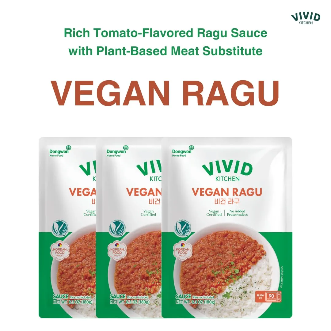 VIVID KITCHEN Vegan Sauce – 4 Bold, Plant-Based Sauces (Curry Sauce, Spicy Curry, Ragu, Jjajang) – No Animal Ingredients, Cholesterol-Free, Keto-Friendly, Ready-to-Eat in 90 Seconds! (3Packs) (Vegan Ragu Sauce)