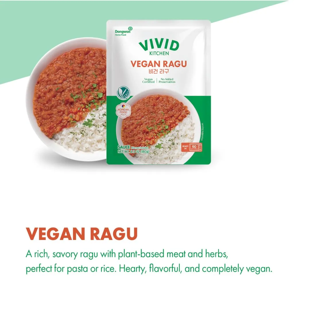 VIVID KITCHEN Vegan Sauce – 4 Bold, Plant-Based Sauces (Curry Sauce, Spicy Curry, Ragu, Jjajang) – No Animal Ingredients, Cholesterol-Free, Keto-Friendly, Ready-to-Eat in 90 Seconds! (3Packs) (Vegan Ragu Sauce)