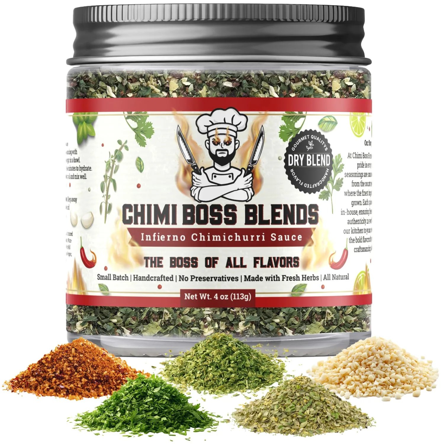 Chimi Boss Blends Infierno Chimichurri Dry Seasoning, 4 oz – Spicy Argentinian Herb & Chili Rub with Parsley, Garlic & Oregano – All Natural Dry Mix for Seasoning or DIY Sauce – Made in USA