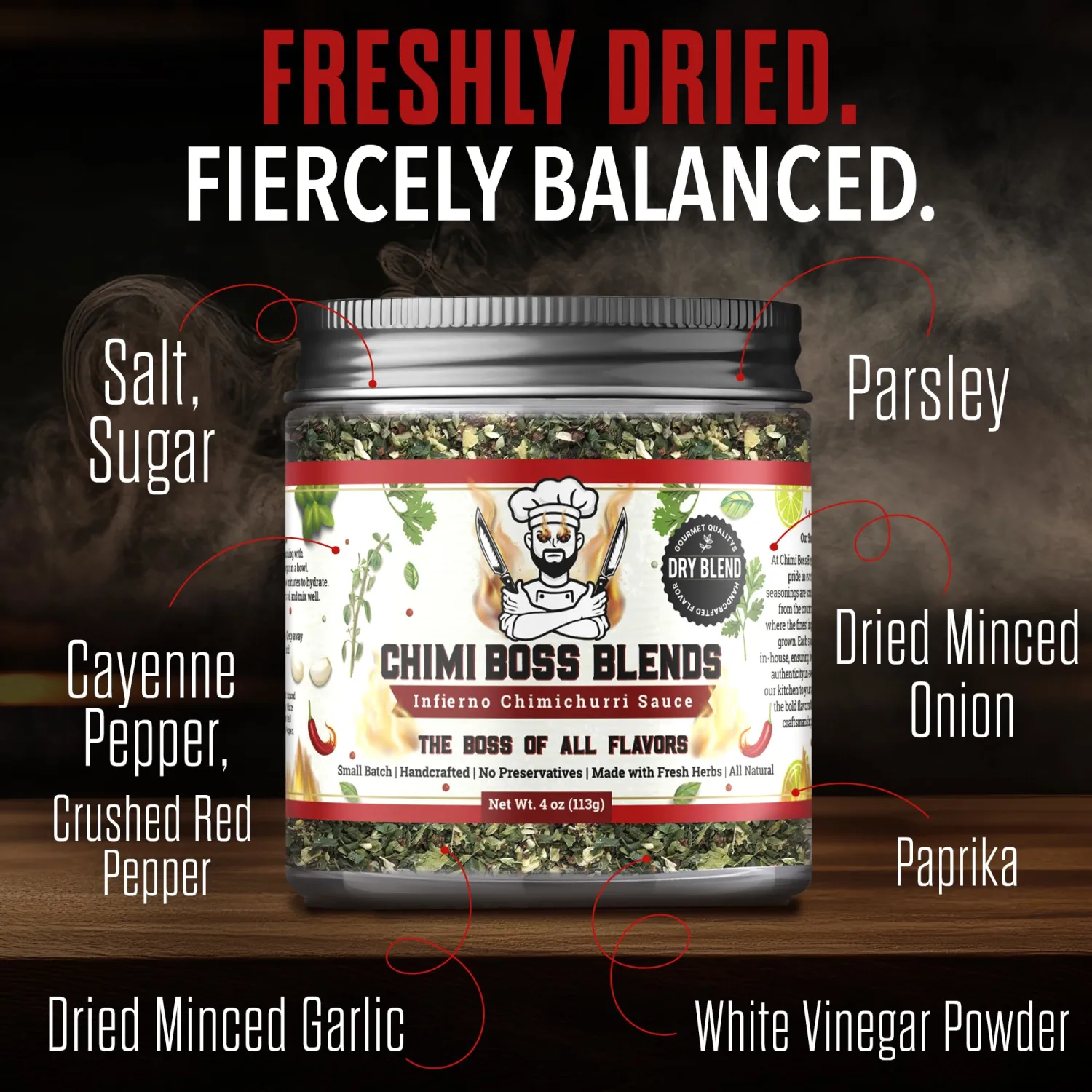 Chimi Boss Blends Infierno Chimichurri Dry Seasoning, 4 oz – Spicy Argentinian Herb & Chili Rub with Parsley, Garlic & Oregano – All Natural Dry Mix for Seasoning or DIY Sauce – Made in USA