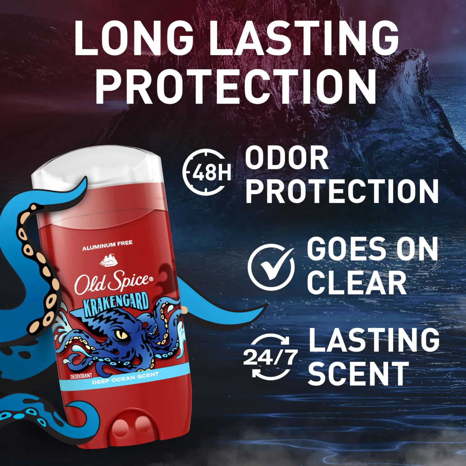 Old Spice Aluminum Free Deodorant for Men, 24/7 Odor Protection, 24/7 Freshness & Lasting Scent, Goes on Clear, Krakengard with Deep Ocean Scent, 3.0 oz (Pack of 2)