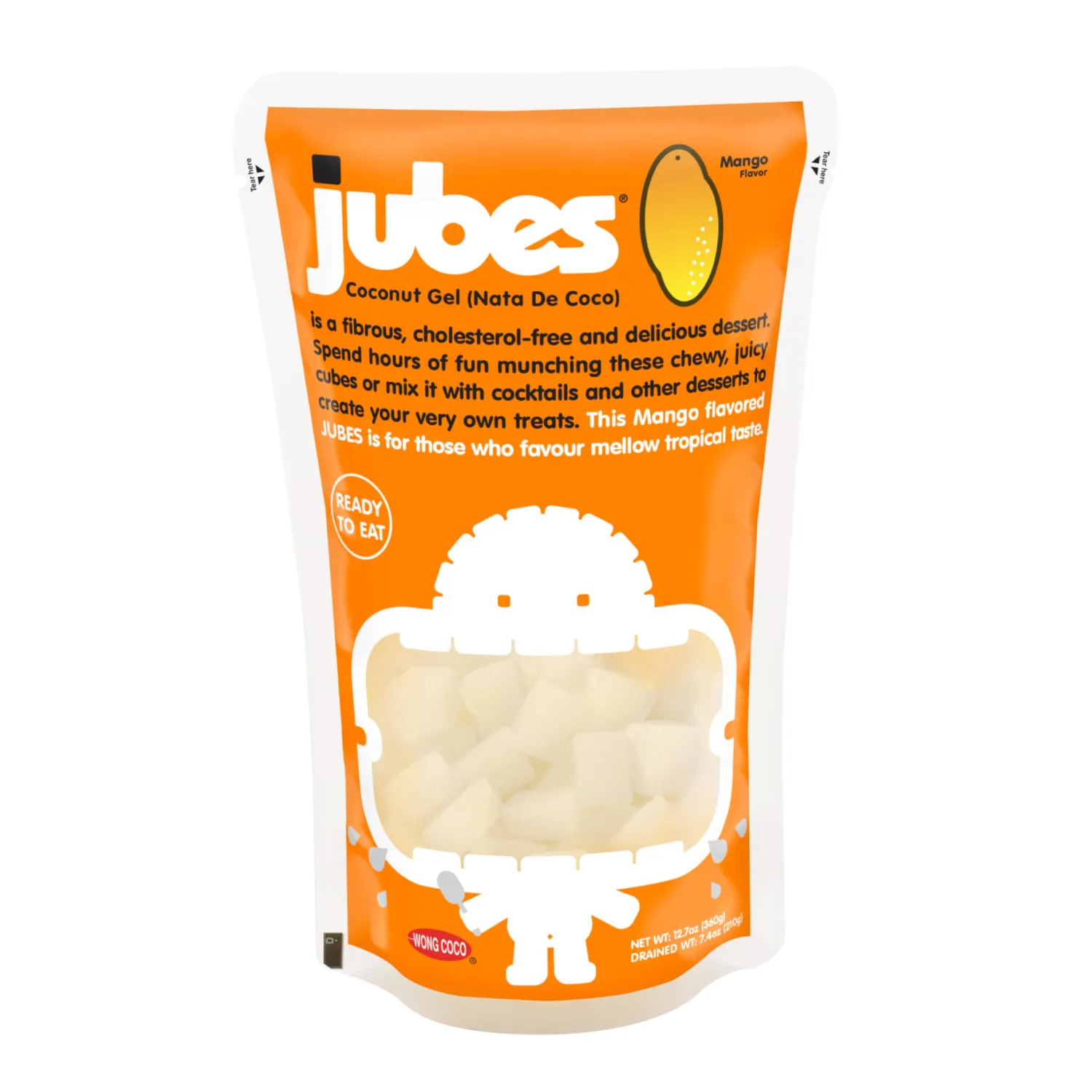 Jubes Mango Nata De Coco Jelly Cubes 12.7 oz - Mango Coconut Jelly Cubes for Sago - Coconut Gel in Syrup Toppings for Fruit Tea, Boba, Bubble Tea, Drinks, Desserts Yogurt, Ice Cream, Beverage