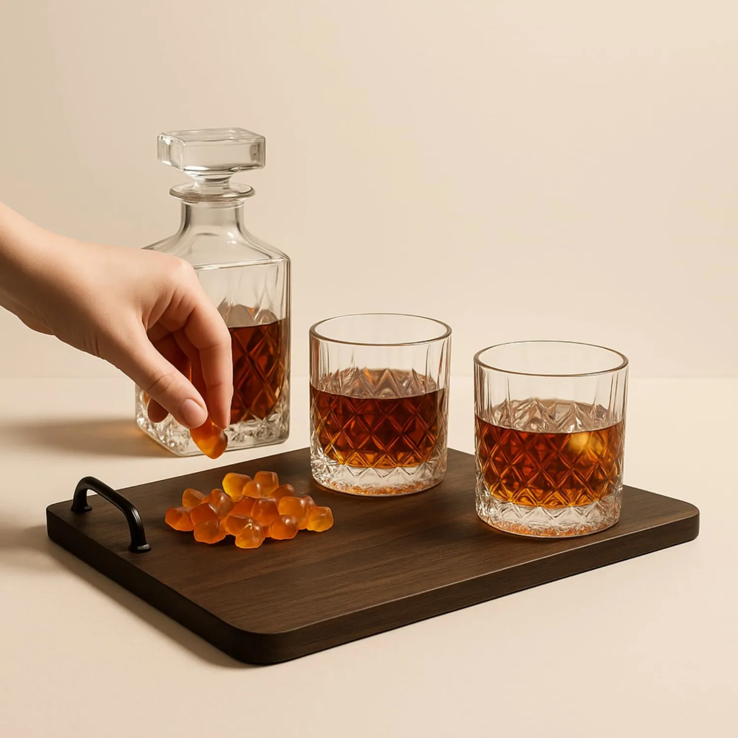 Bourbon Gummy Gift Set with 2 Whiskey Glasses – Bourbon-Flavored Candy Bears & Crystal Lowball Glasses – Father’s Day Gift for Whiskey & Scotch Lovers, Dad, Husband, or Him – Tasting Set