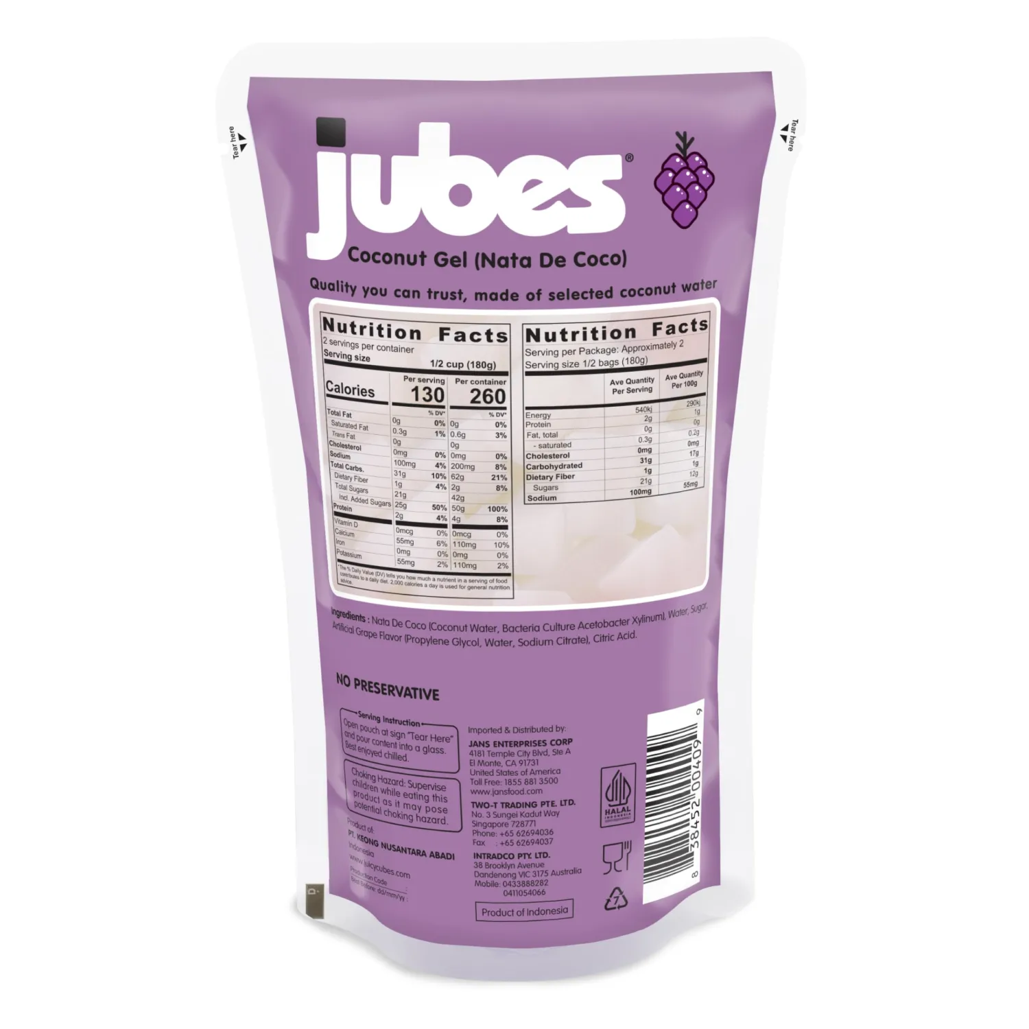 Jubes Grape Nata De Coco Jelly Cubes 12.7 oz - Grape Coconut Jelly Cubes for Sago - Coconut Gel in Syrup Toppings for Fruit Tea, Boba, Bubble Tea, Drinks, Desserts Yogurt, Ice Cream, Beverage