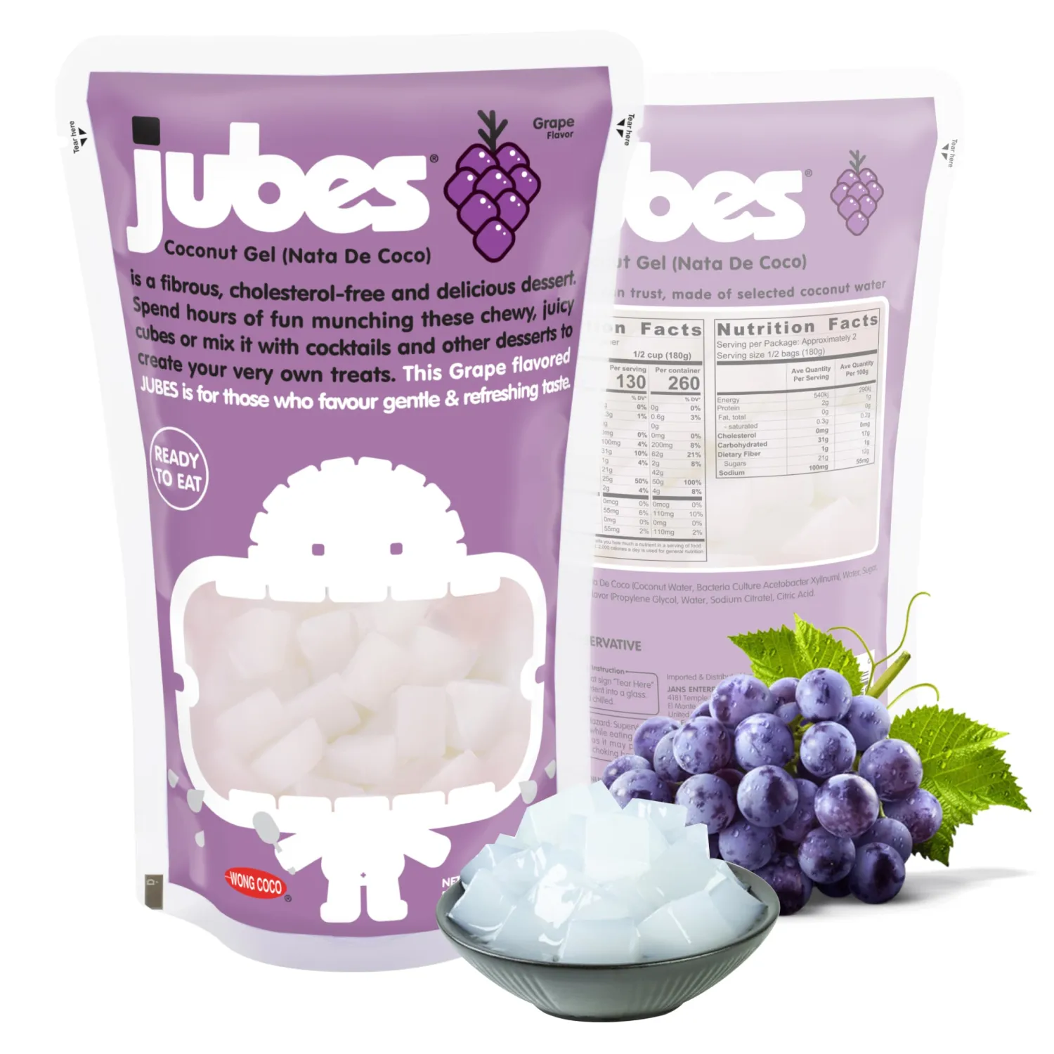 Jubes Grape Nata De Coco Jelly Cubes 12.7 oz - Grape Coconut Jelly Cubes for Sago - Coconut Gel in Syrup Toppings for Fruit Tea, Boba, Bubble Tea, Drinks, Desserts Yogurt, Ice Cream, Beverage