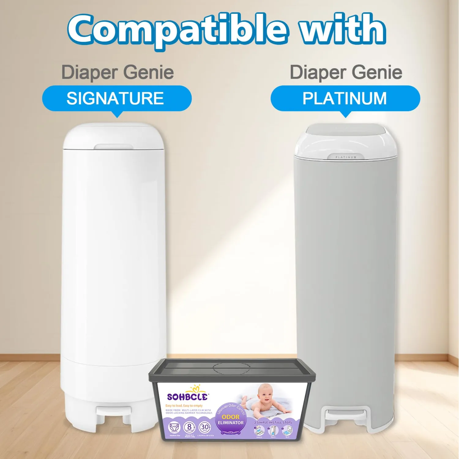 Refills Compatible with Genie Easy Roll Signature Diaper Pail and Platinum Diaper Pail, Upgraded 60 Bags Hold up to 2800 Newborn Diapers, Extra Thickness Powerful Odor Control, Plant Scented