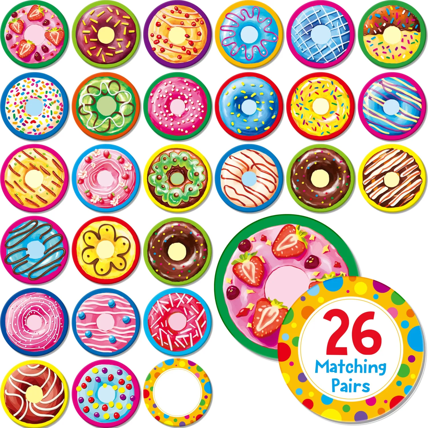 Hebayy 52 PCS Donut Matching Game, 26 Designs Dessert Cards Engaging Food Memory Game, Educational Learning Toys for Preschool 4 5 6 Years Old