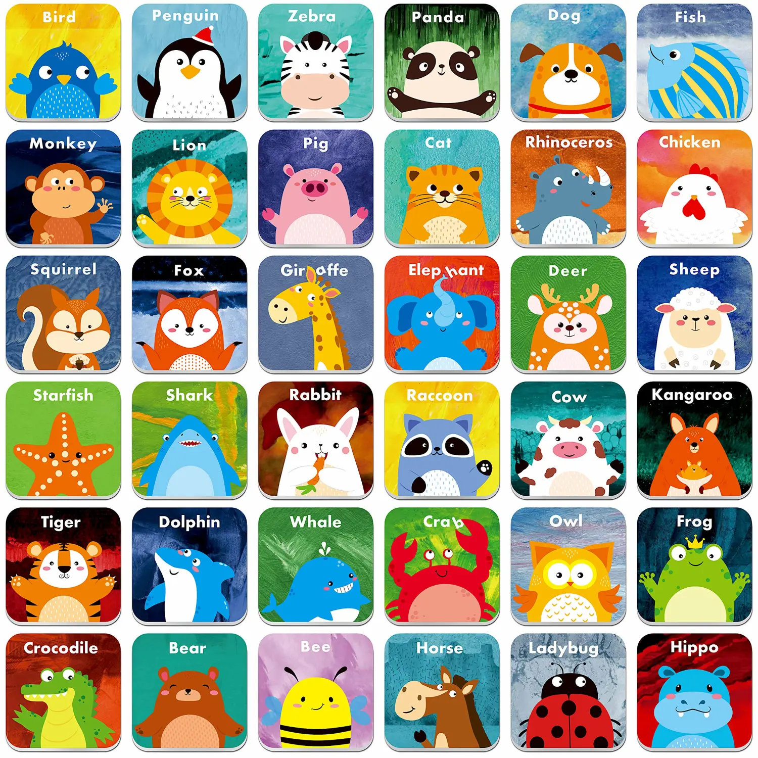 Hebayy 36 Pair Animals Matching Game Cartoon Flash Cards Erasable(72 PCs, Each Measures 2” X 2”)