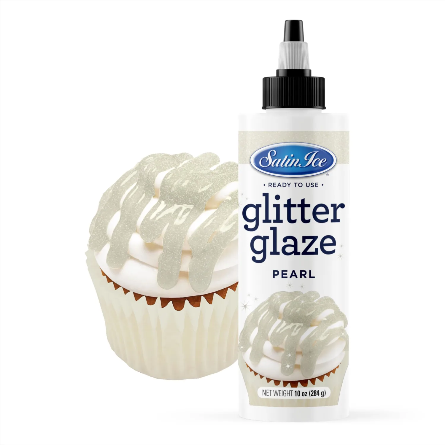 Satin Ice Pearl Glitter Glaze (10oz Bottle) For Decorating Cakes, Cupcakes, Brownies, and Doughnuts