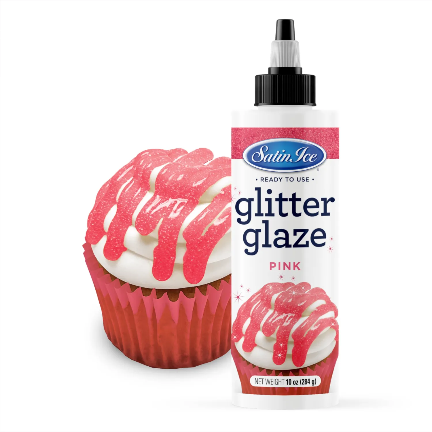 Satin Ice Pink Glitter Glaze (10oz Bottle) For Decorating Cakes, Cupcakes, Brownies, and Doughnuts