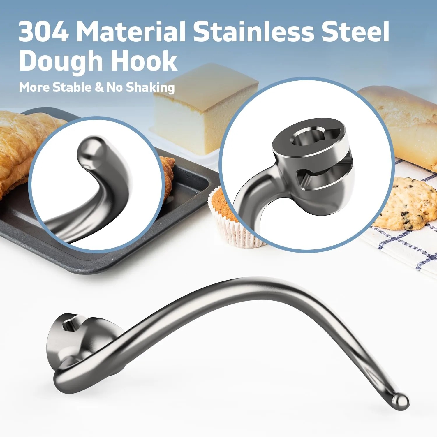 Stainless Steel Dough Hook for KitchenAid 5QT-6QT Bowl-Lift Stand Mixers, Fits Professional 5 Plus, Pro 600 Series, KV25, KP26, Dishwasher Safe