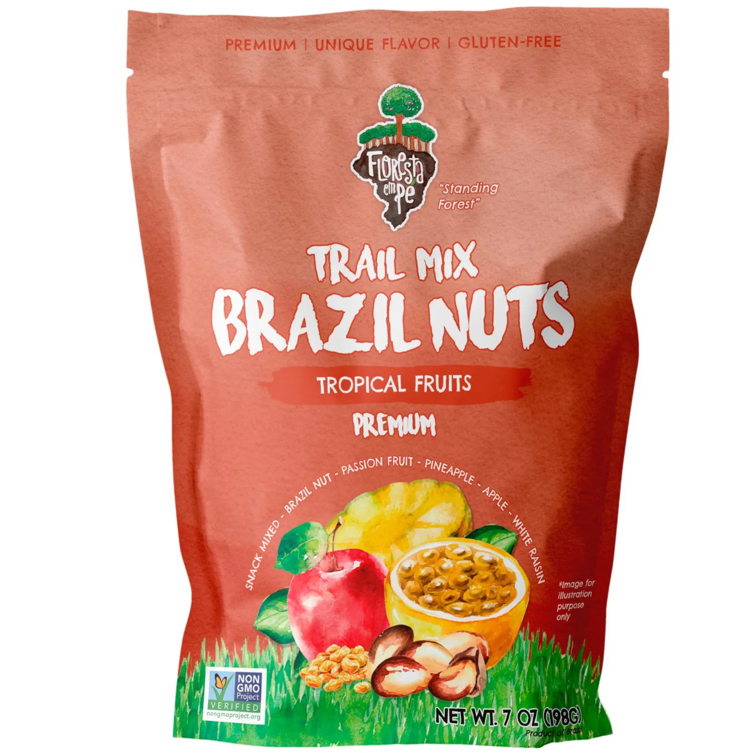 Tropical Trail Mix (7oz) - The True Organic Brazil Nuts Roasted + Dried Apple + Dried White Raisins + Dried Pineapple + Passion Fruit Fruit Nibs | Nutrient-rich Combination | Non-Gmo | Fresh | Vegan | Gluten Free - Premium Snack Mix by Floresta em Pé