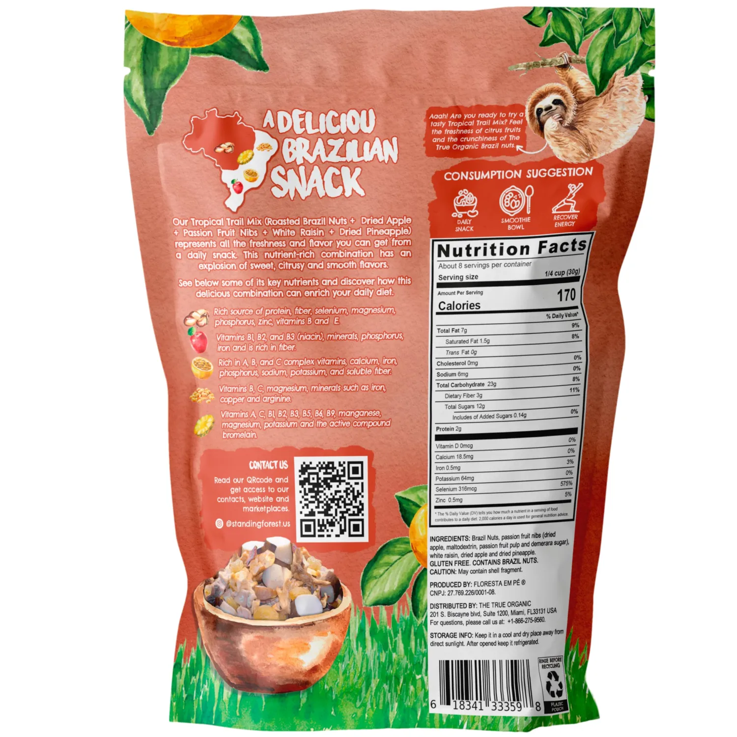 Tropical Trail Mix (7oz) - The True Organic Brazil Nuts Roasted + Dried Apple + Dried White Raisins + Dried Pineapple + Passion Fruit Fruit Nibs | Nutrient-rich Combination | Non-Gmo | Fresh | Vegan | Gluten Free - Premium Snack Mix by Floresta em Pé