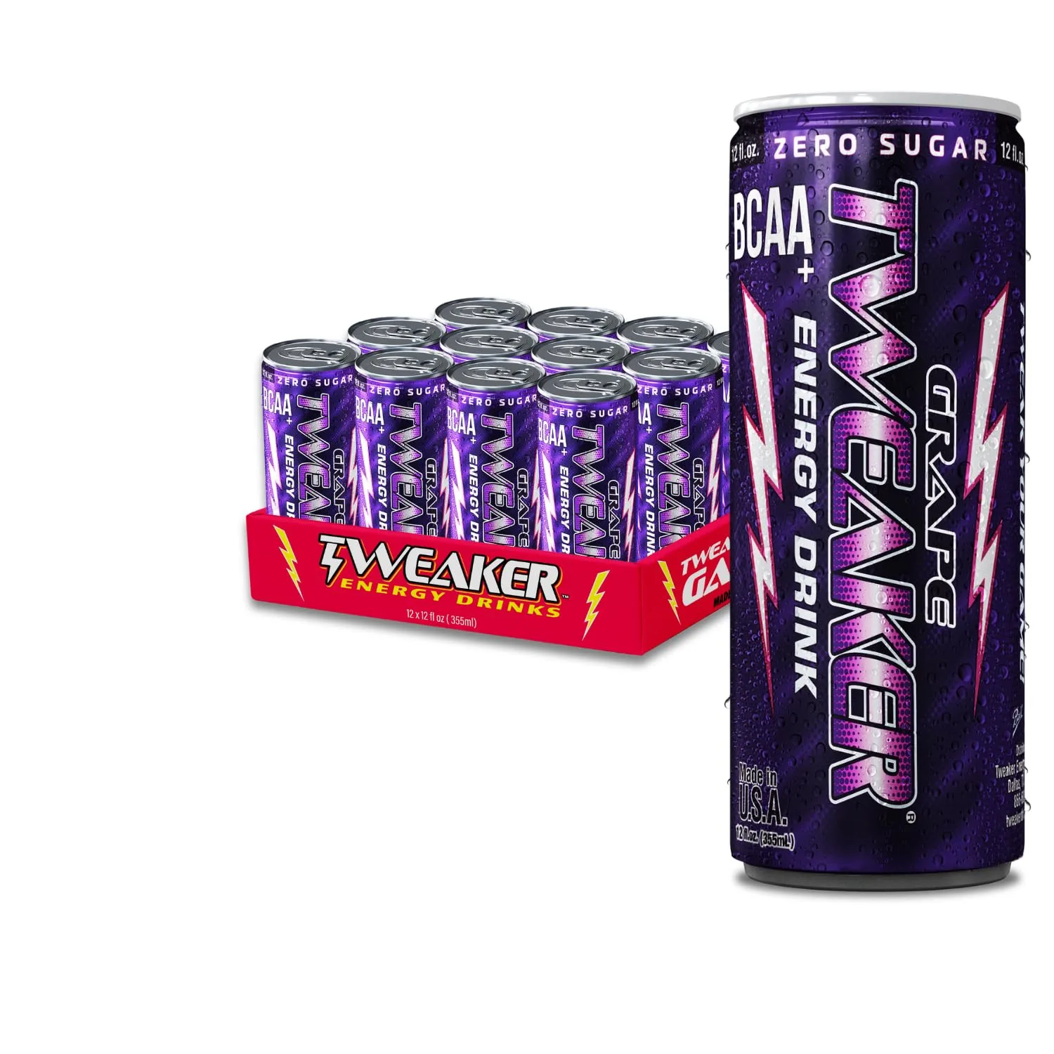 Tweaker Energy Drink Pre Workout - Sugar Free, Low Calorie, 110 mg Caffeine, Clean Energy Drink for Focus & Performance (12 oz, Pack of 12) (12 Ounce (Pack of 12), Grape)