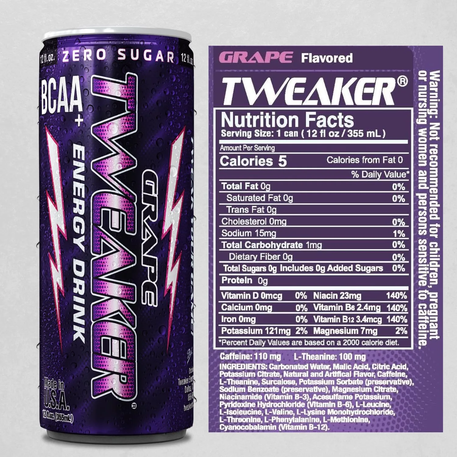 Tweaker Energy Drink Pre Workout - Sugar Free, Low Calorie, 110 mg Caffeine, Clean Energy Drink for Focus & Performance (12 oz, Pack of 12) (12 Ounce (Pack of 12), Grape)
