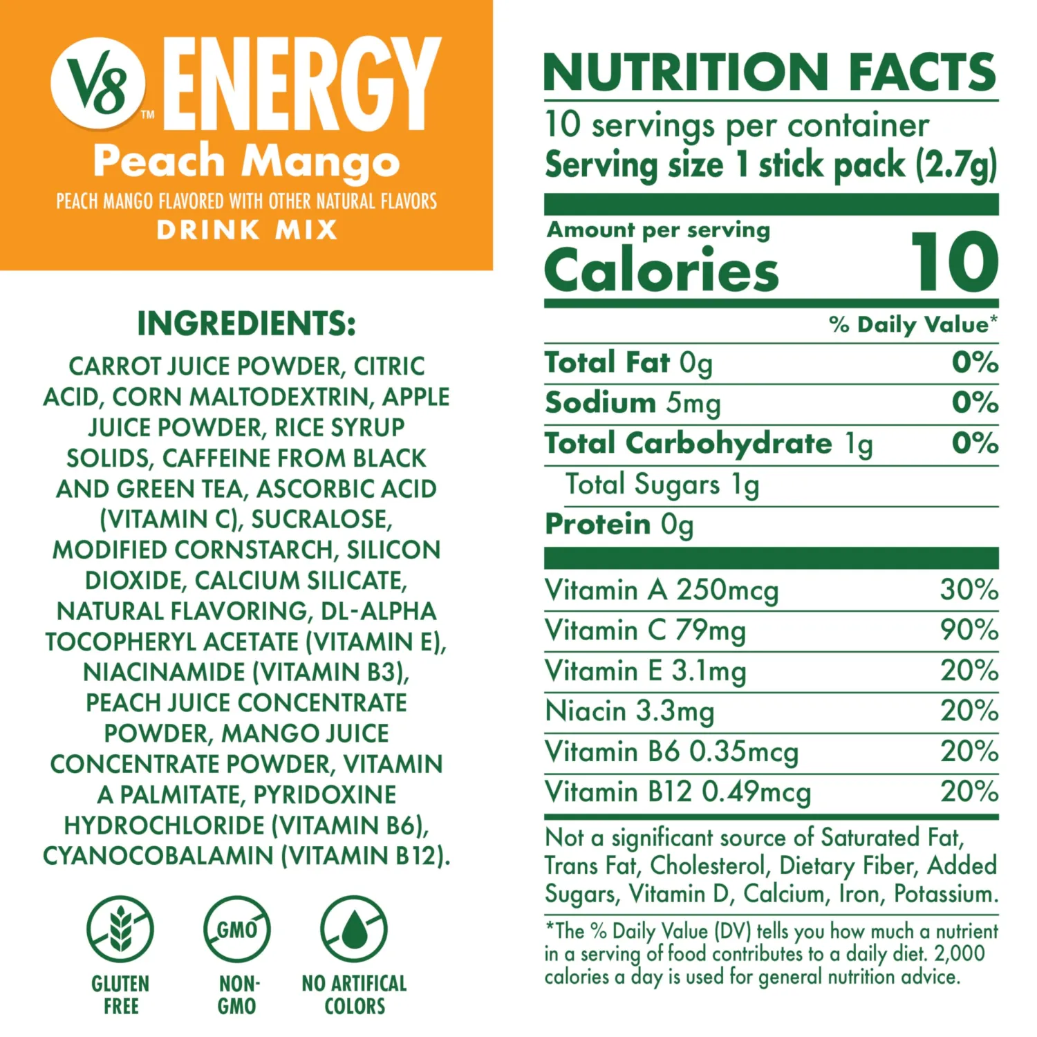 V8 Energy Peach Mango Energy Drink Powder, .10 oz Packet (10 Count)