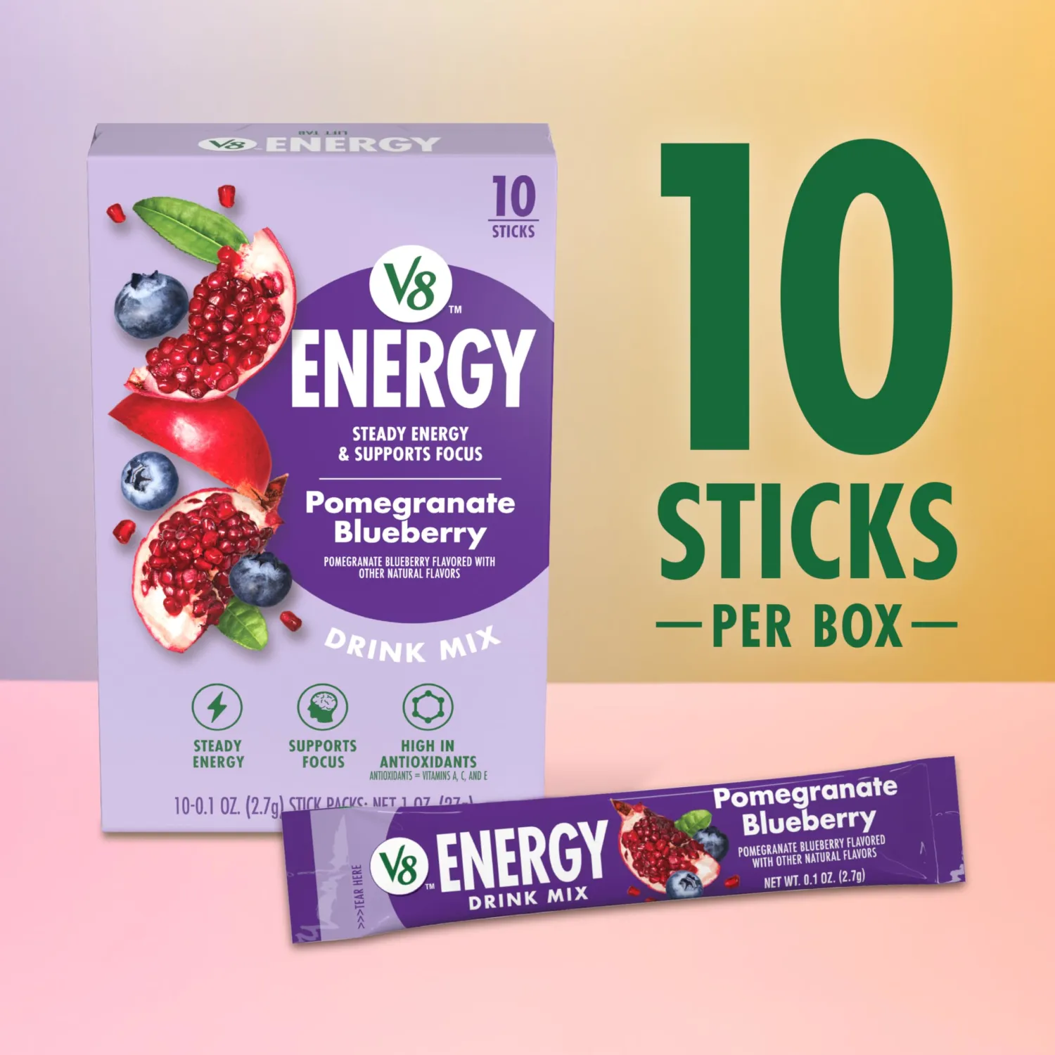V8 Energy Pomegranate Blueberry Energy Drink Powder, .10 oz Packet (10 Count)