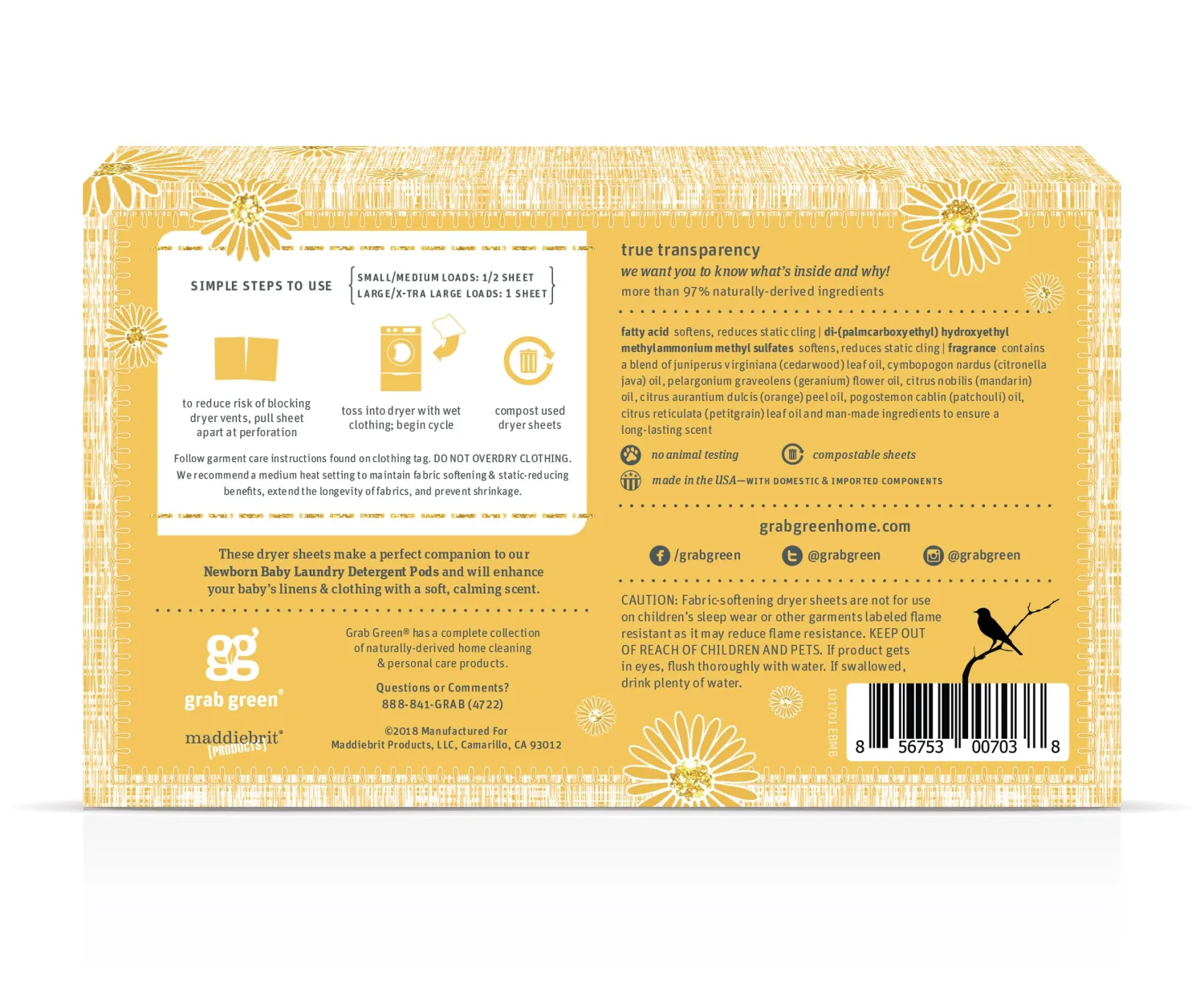 Grab Green Newborn Baby Dryer Sheets, 40 Sheets, Chamomile Scent, Plant and Mineral Based, Compostable, Softens Clothing and Linens, Reduces Static Cling