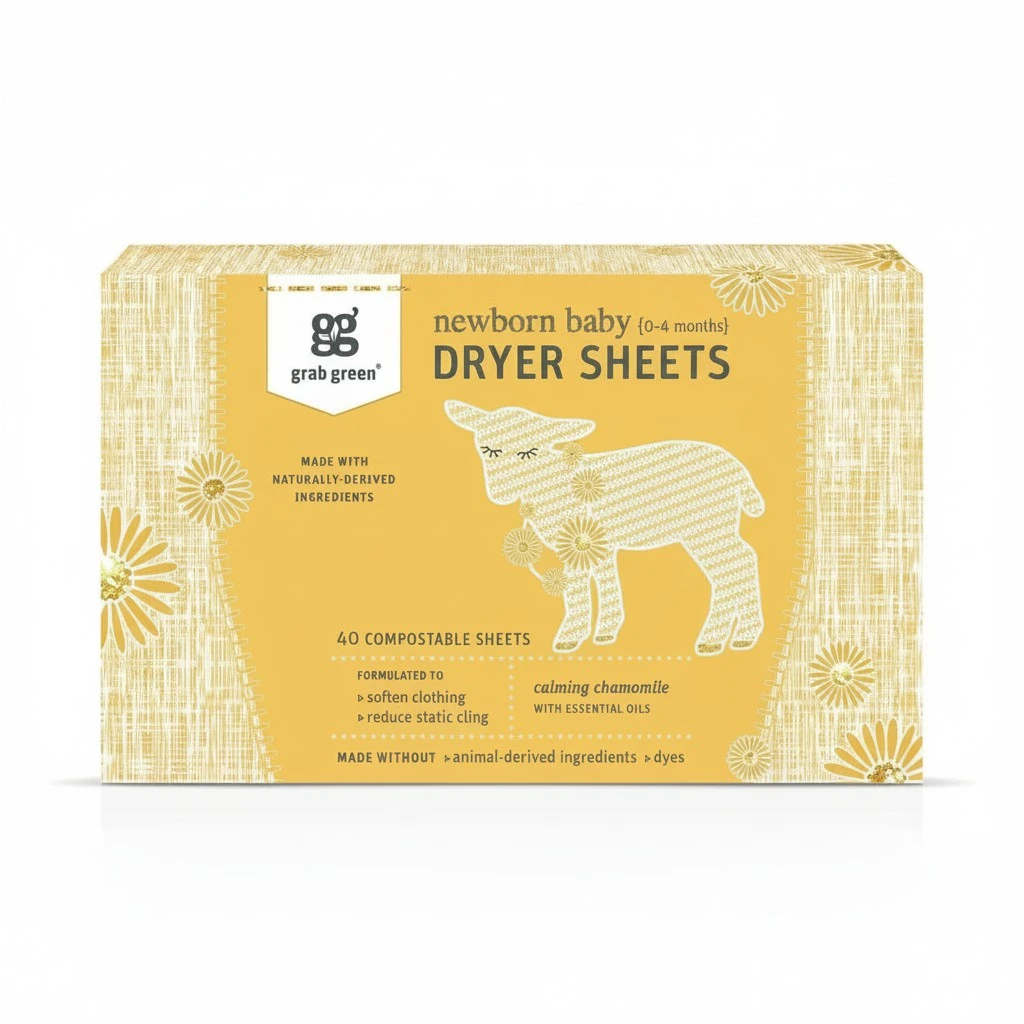 Grab Green Newborn Baby Dryer Sheets, 40 Sheets, Chamomile Scent, Plant and Mineral Based, Compostable, Softens Clothing and Linens, Reduces Static Cling