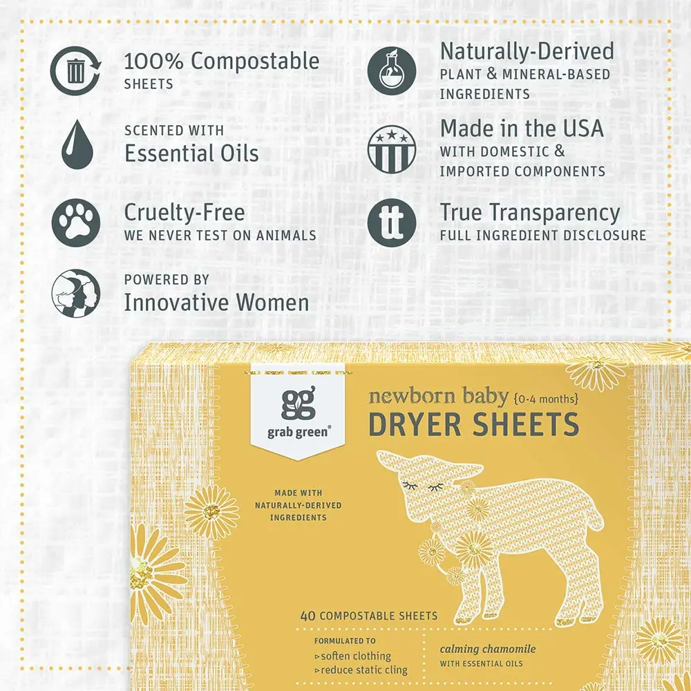 Grab Green Newborn Baby Dryer Sheets, 120 Sheets, Chamomile Scent, Plant and Mineral Based, Compostable, Softens Clothing and Linens, Reduces Static Cling