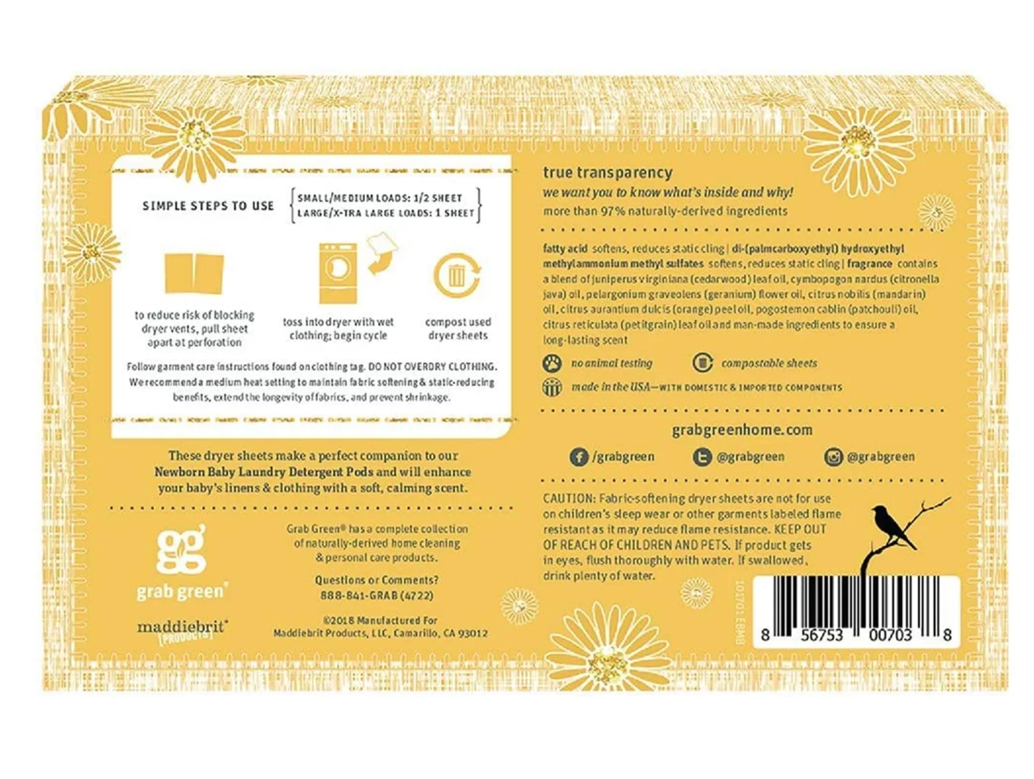 Grab Green Newborn Baby Dryer Sheets, 120 Sheets, Chamomile Scent, Plant and Mineral Based, Compostable, Softens Clothing and Linens, Reduces Static Cling