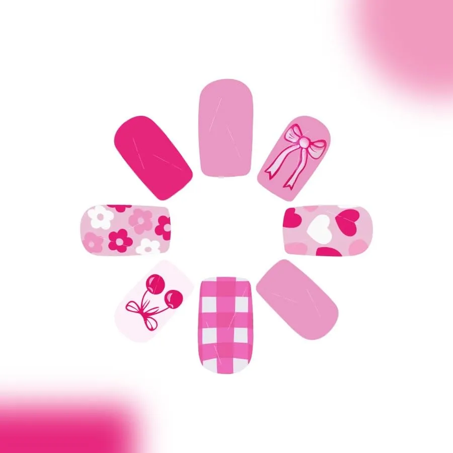 Pink Press on Nails Short Coffin Shape Bow Flower Heart Cherry Checkerboard Design Fake Nails with Glue, Full Cover Glossy Acrylic Nails for Women DIY Manicure Decoration 24PCS Reusable False Nails