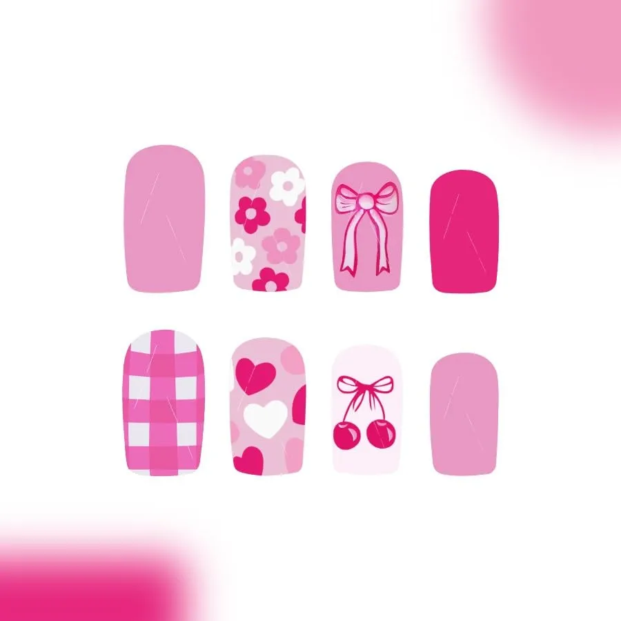 Pink Press on Nails Short Coffin Shape Bow Flower Heart Cherry Checkerboard Design Fake Nails with Glue, Full Cover Glossy Acrylic Nails for Women DIY Manicure Decoration 24PCS Reusable False Nails