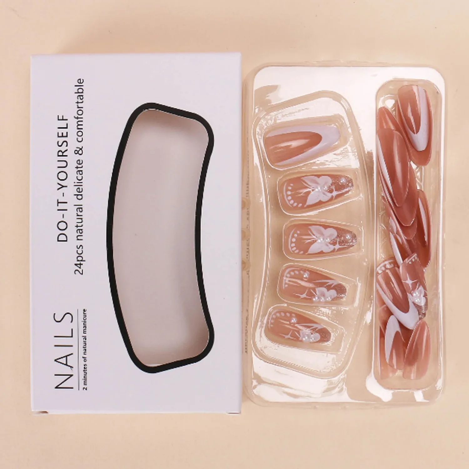 Almond Press on Nails White Medium Fake Nails Tips Full Cover False Flower Nails for Women and Girls 24PCS
