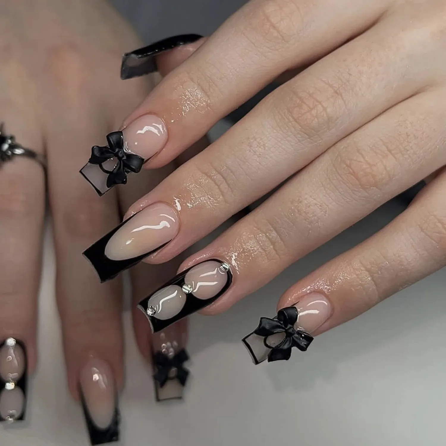 MERVF Long Square Press on Nails Black French Tip Fake Nails Press ons Bow 3D Glue on Nails Rhinestones Squoval Acrylic with Hollow-carved Design False Nails Glossy 24pcs