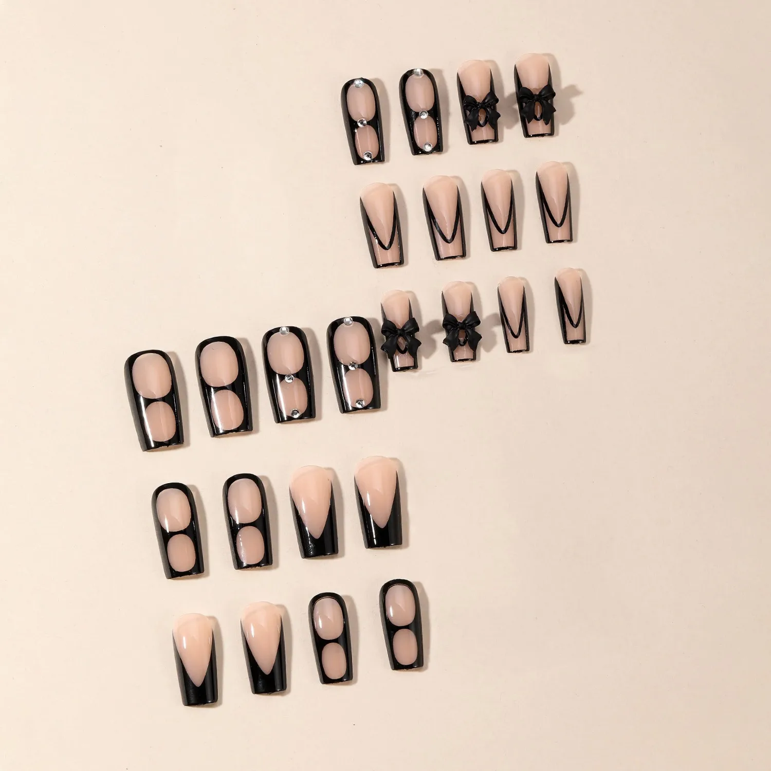 MERVF Long Square Press on Nails Black French Tip Fake Nails Press ons Bow 3D Glue on Nails Rhinestones Squoval Acrylic with Hollow-carved Design False Nails Glossy 24pcs