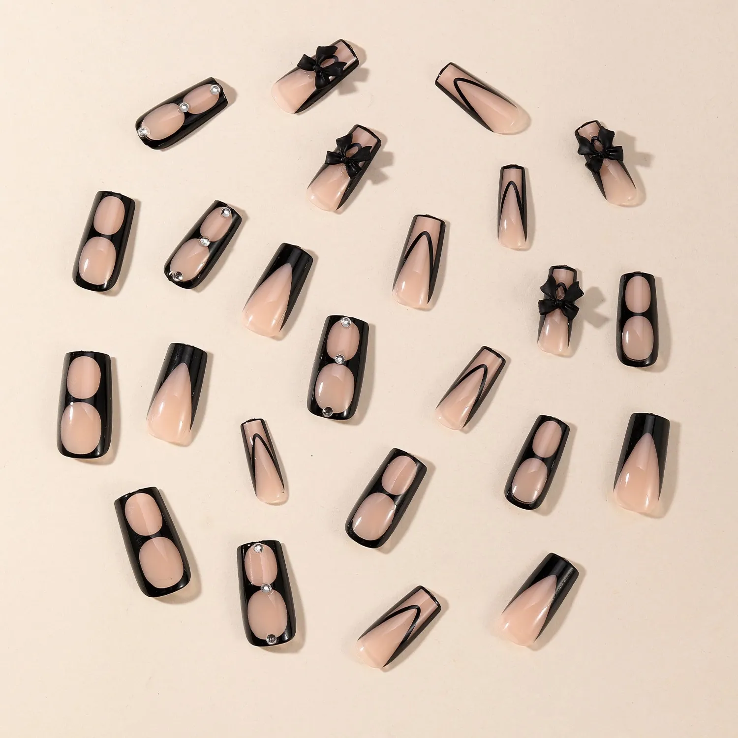 MERVF Long Square Press on Nails Black French Tip Fake Nails Press ons Bow 3D Glue on Nails Rhinestones Squoval Acrylic with Hollow-carved Design False Nails Glossy 24pcs