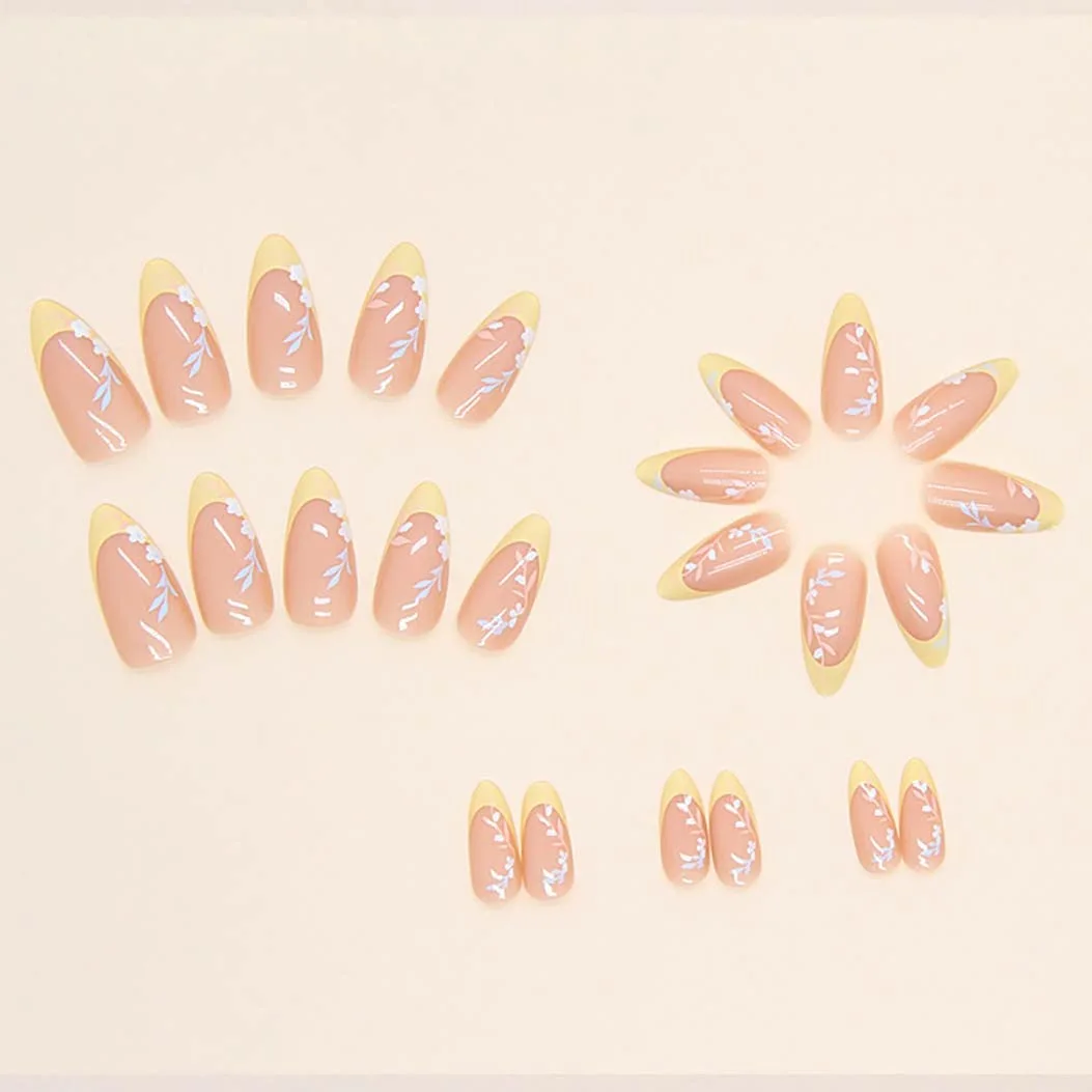 RikView French Tip Press on Nails Medium Length Fake Nails Almond Acrylic Nails Glossy Yellow Nails
