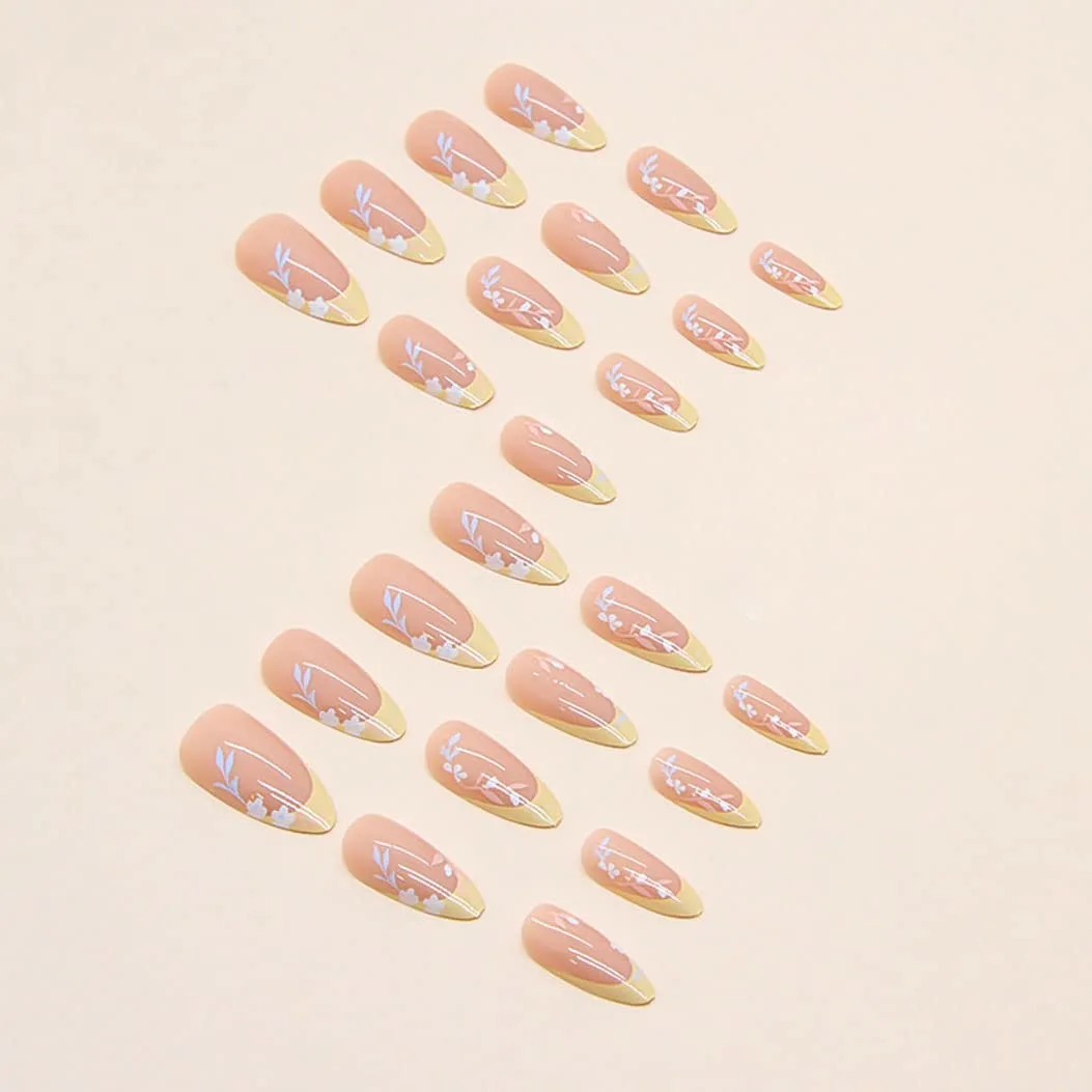 RikView French Tip Press on Nails Medium Length Fake Nails Almond Acrylic Nails Glossy Yellow Nails