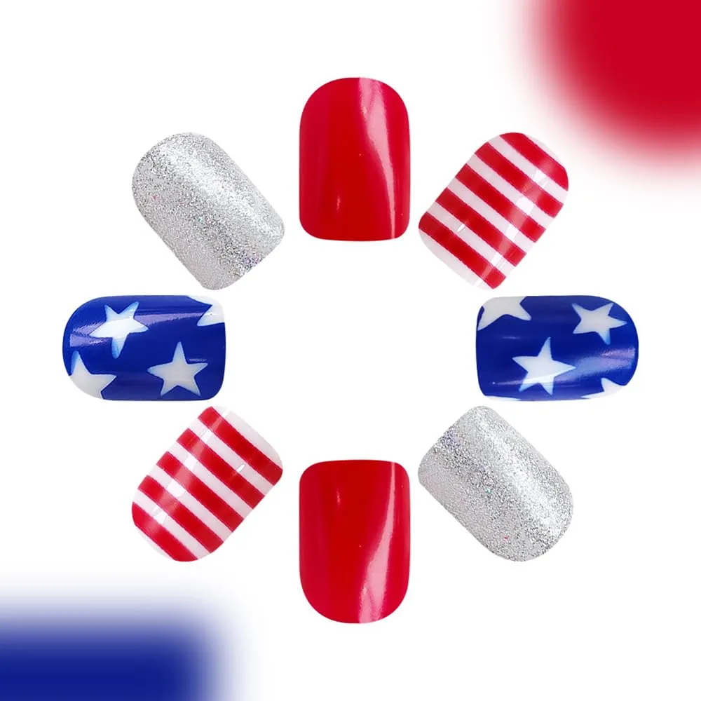 4th of July Press on Nails Short Square Independence Day Fake Nails with Red Striped Star Design Glossy Glitter Glue on Nails Acrylic Nails Artificial Nails Flag Day False Nails for Women 24 Pcs