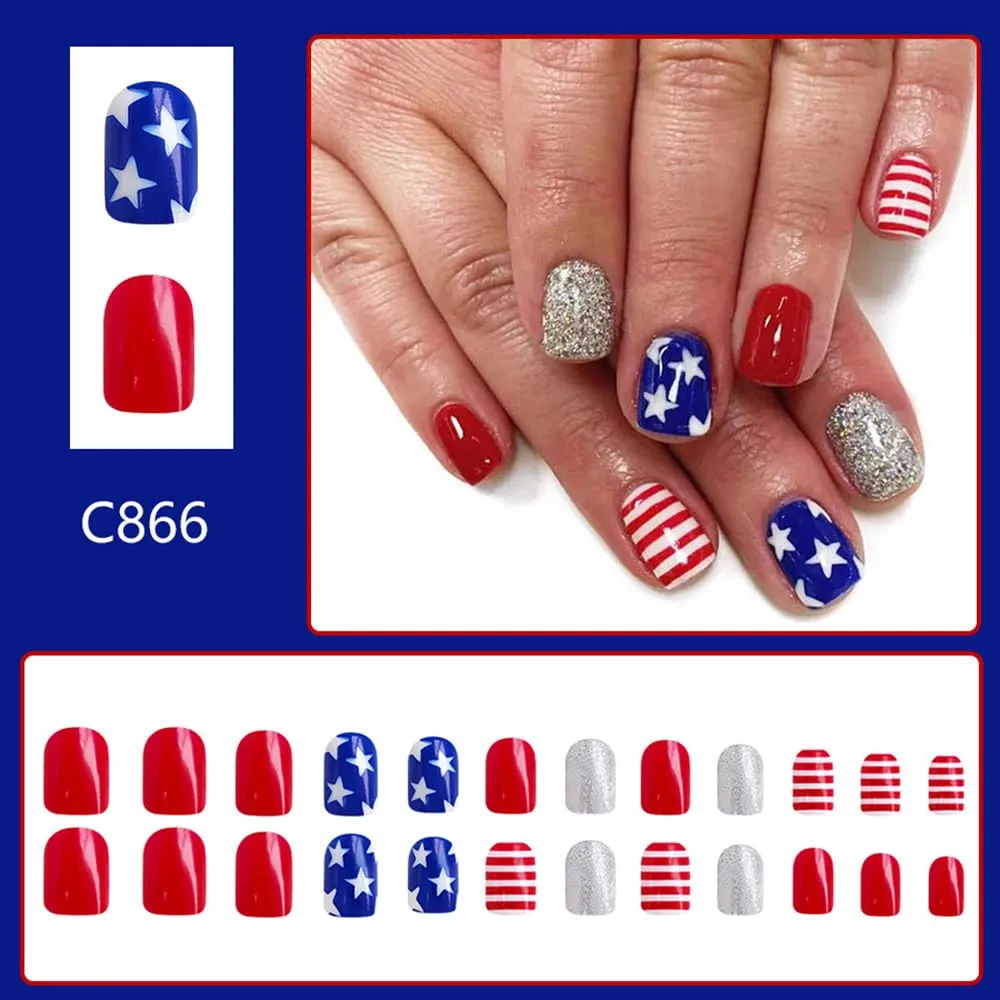 4th of July Press on Nails Short Square Independence Day Fake Nails with Red Striped Star Design Glossy Glitter Glue on Nails Acrylic Nails Artificial Nails Flag Day False Nails for Women 24 Pcs