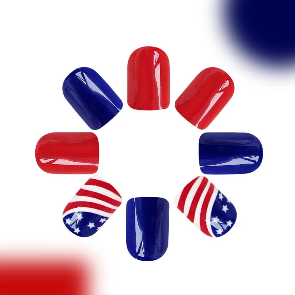 4th of July Press on Nails Short Square Fake Nails Glossy Glue on Nails American Flag Acrylic Nails Artificial Nails Red Blue Independence Day False Nails with Red and White Stripes Design 24 Pcs