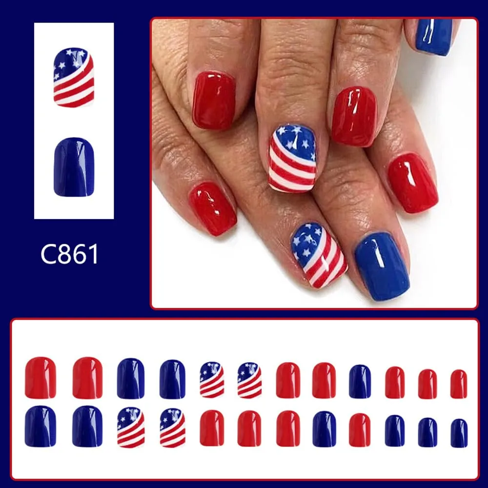 4th of July Press on Nails Short Square Fake Nails Glossy Glue on Nails American Flag Acrylic Nails Artificial Nails Red Blue Independence Day False Nails with Red and White Stripes Design 24 Pcs