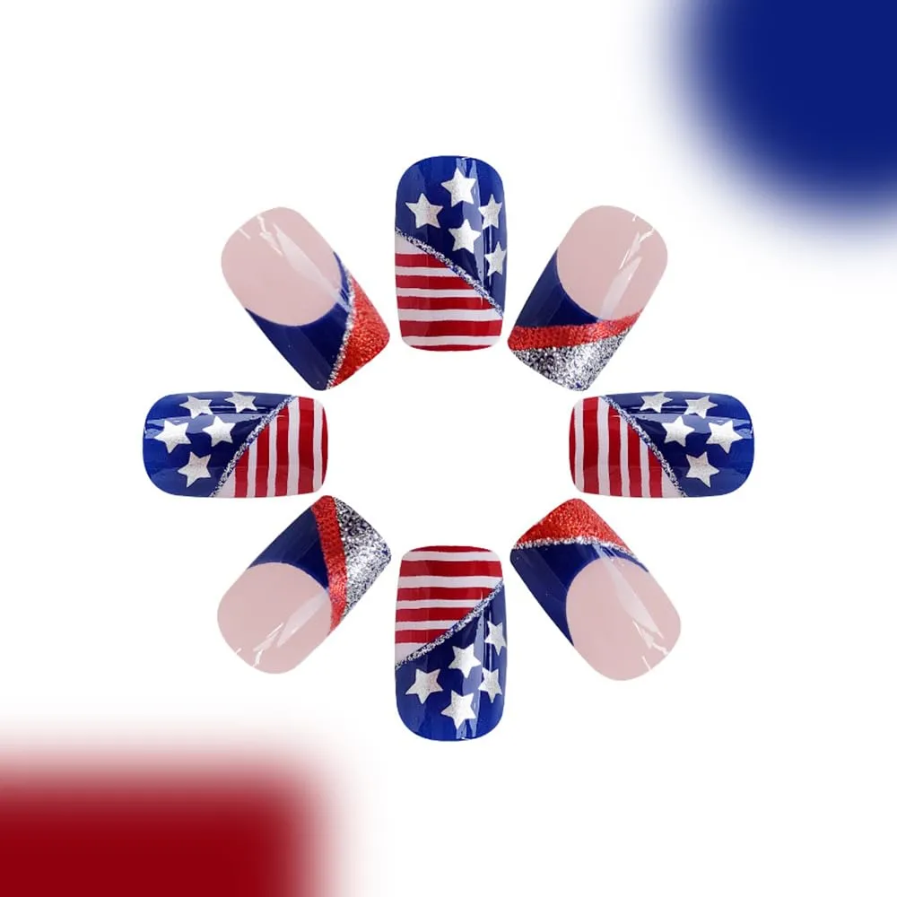 24Pcs 4th of July Press on Nails Short Square French Tip Fake Nails Independence False Nails with American Flag Star Glitter Design Acrylic Stick on Nails Glossy Glue on Nails DIY for Women Decoration