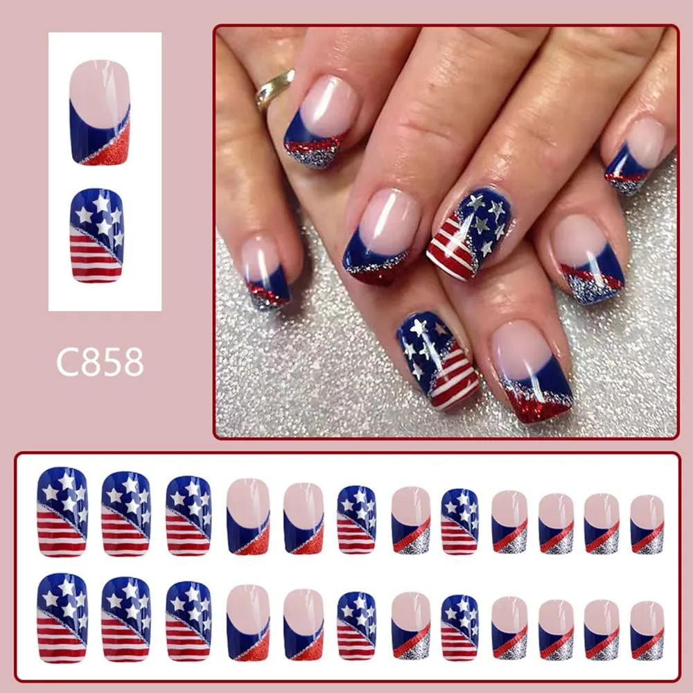 24Pcs 4th of July Press on Nails Short Square French Tip Fake Nails Independence False Nails with American Flag Star Glitter Design Acrylic Stick on Nails Glossy Glue on Nails DIY for Women Decoration