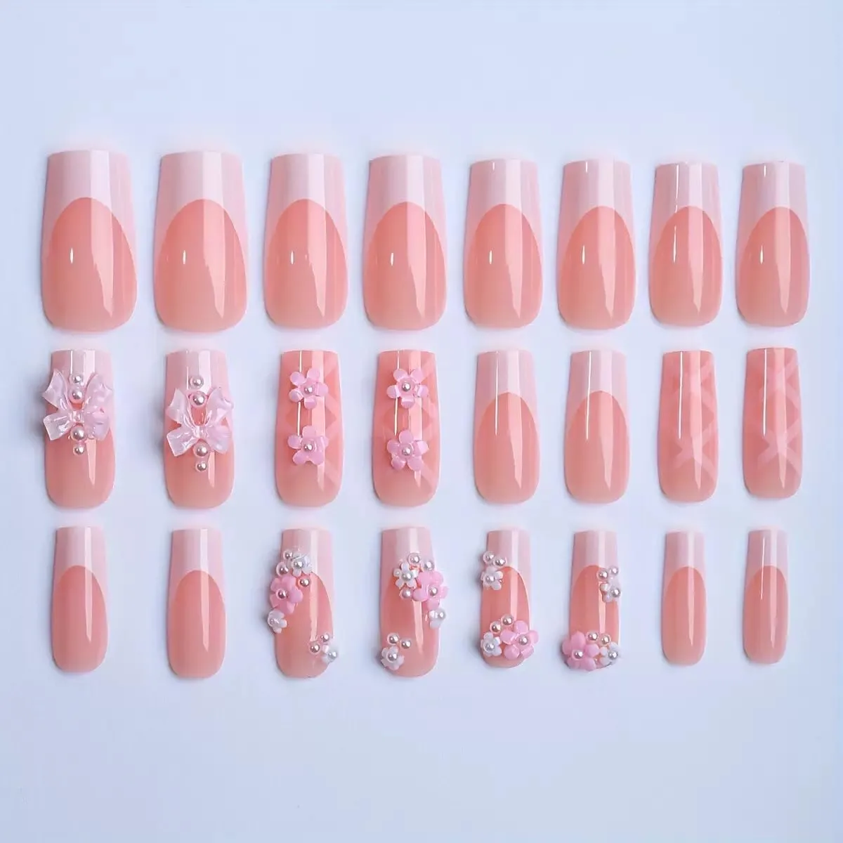 French Tip Press on Nails Square Medium Length Fake Nails 3D Flowers Acrylic Nails Spring Floral False Nails Glossy Ballet Artificial Nails Glue on Nails for Women Manicure Nails Decoration 24Pcs