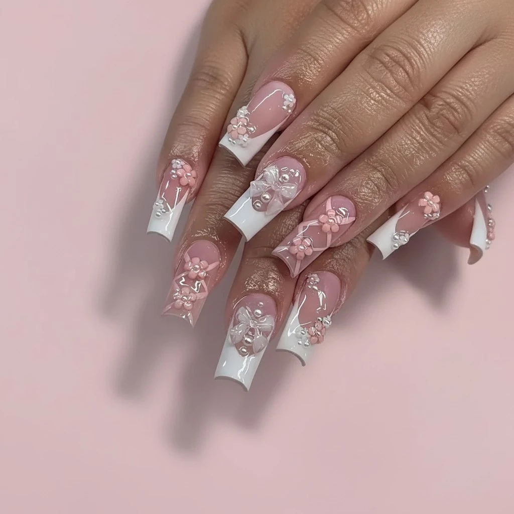 French Tip Press on Nails Square Medium Length Fake Nails 3D Flowers Acrylic Nails Spring Floral False Nails Glossy Ballet Artificial Nails Glue on Nails for Women Manicure Nails Decoration 24Pcs