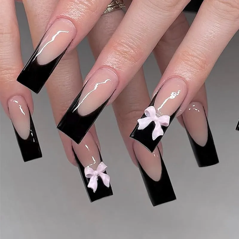 Black French Tip Press on Nails Long Square Fake Nails with 3D Bow Designs Glossy Acrylic Nails Full Cover Glue on Nails for Women Manicure Nails Decoration 24Pcs, Style7